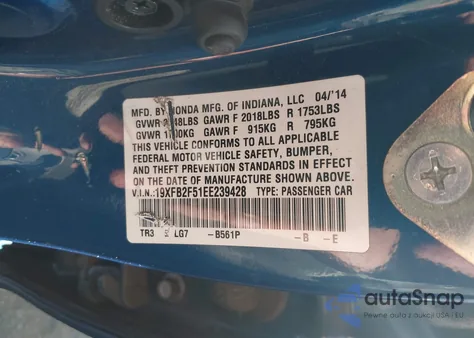 2014 Honda Civic Lx from USA, damaged, VIN 19XFB2F51EE239428